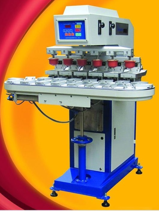 Six color pneumatic pad printer with conveyor system